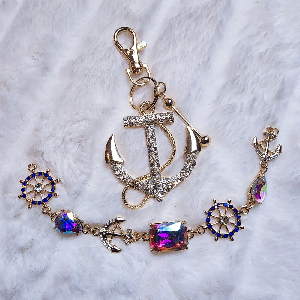 Gold Anchor Keychain and Bracelet Set